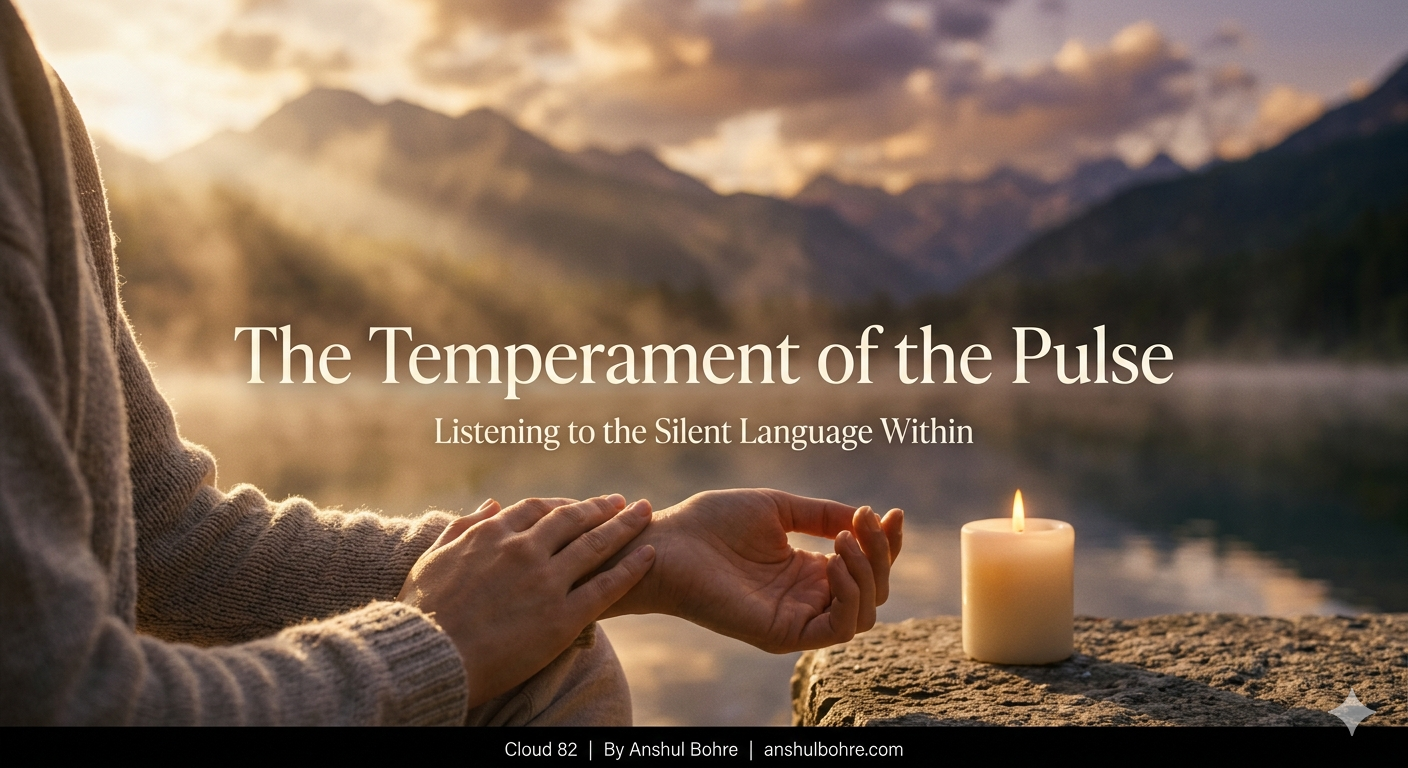 A serene hand gently touching the wrist pulse near a calm mountain lake at sunset, glowing in warm golden light symbolizing inner awareness and mindfulness.