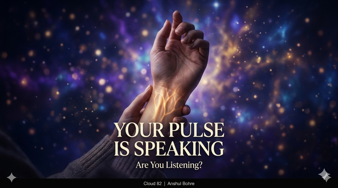Close-up of a glowing wrist pulse with golden light energy flowing through veins against a blurred dreamy background.