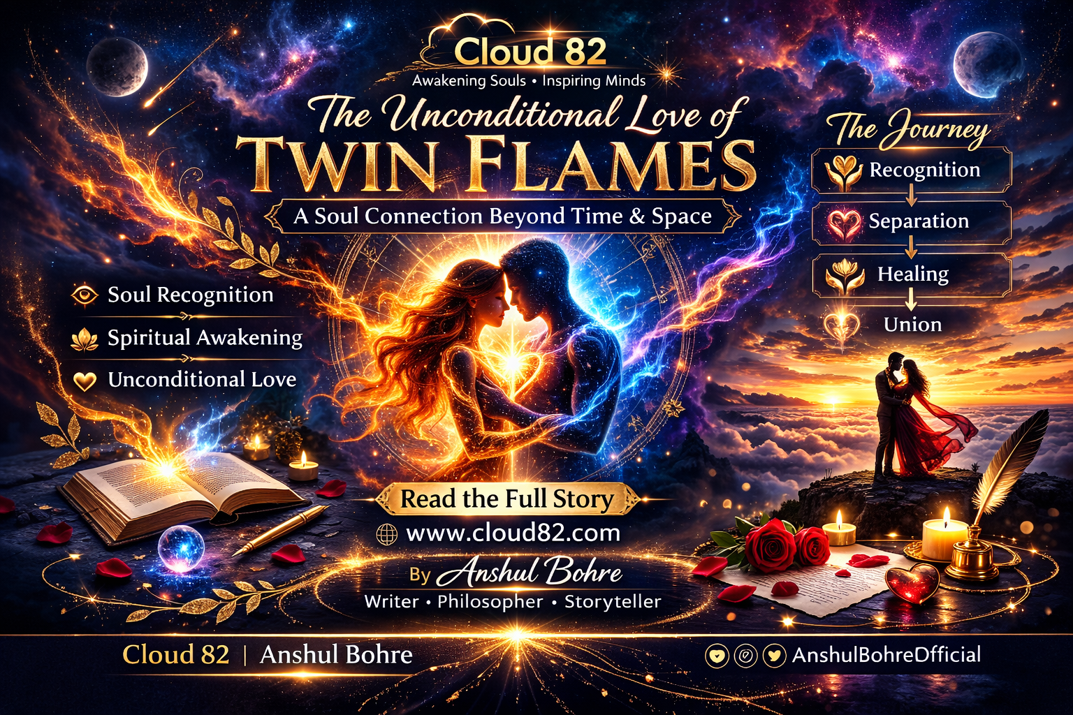 ✨ Some connections feel written in the stars. Twin flames are not just relationships — they are mirrors of the soul, catalysts of transformation, and journeys of awakening. In this article, I explore the deeper meaning of twin flame love, the stages of the journey, and the spiritual evolution that emerges when two souls recognize each other. 🌌 Recognition 🔥 Transformation 💫 Divine Union Read the full story and explore the deeper dimensions of love. 🌐 anshulbohre.com Cloud 82 | Awakening Souls • Inspiring Minds By Anshul Bohre