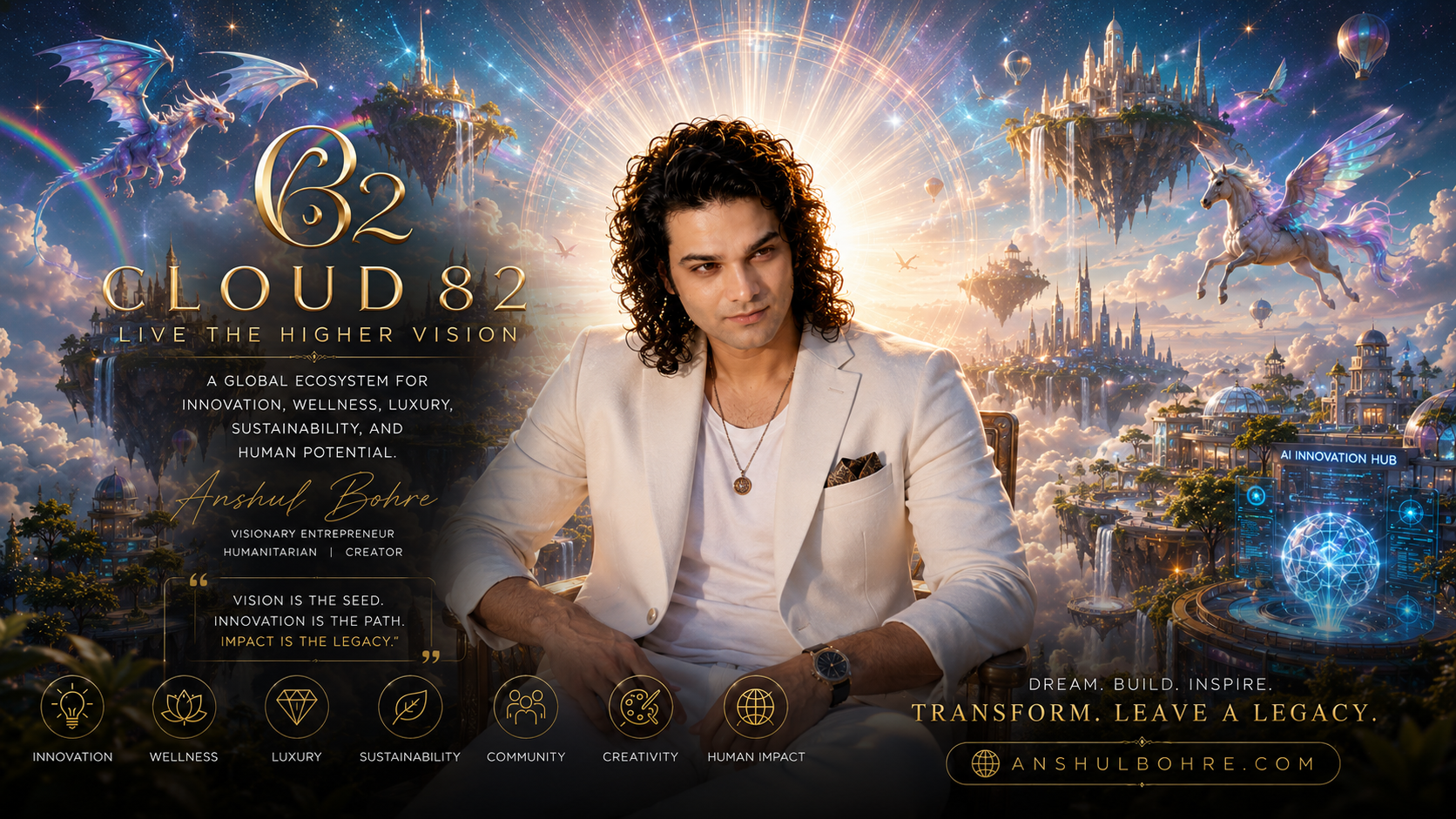 CLOUD 82 A Global Ecosystem For Innovation, Wellness, Luxury, Sustainability & Human Potential. Founded by Anshul Bohre "Vision is the seed. Innovation is the path. Impact is the legacy." 🌐 anshulbohre.com Live The Higher Vision. #Cloud82 #AnshulBohre #GlobalImpact #LuxuryLifestyle #InnovationEcosystem #FutureCommunities