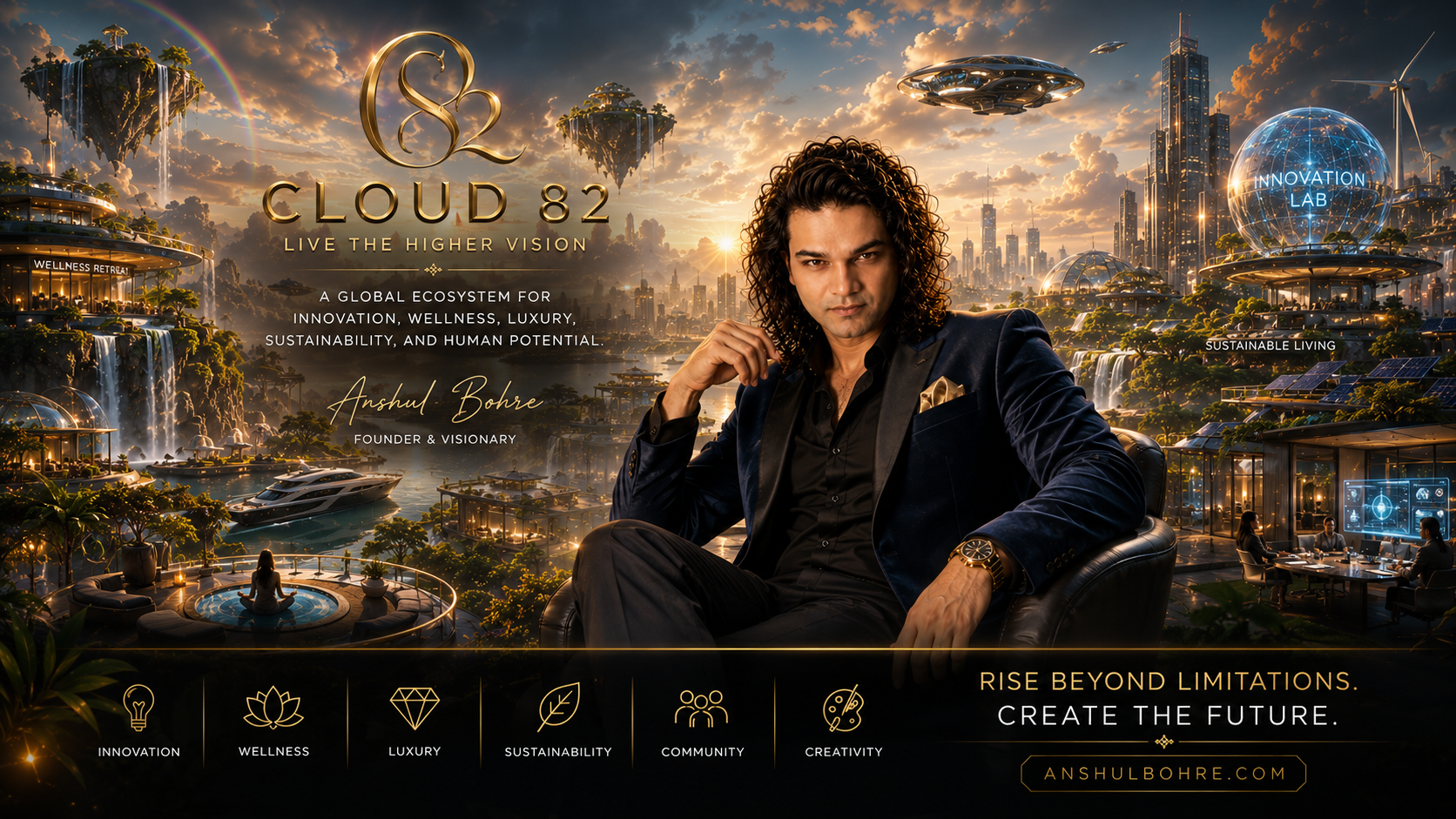 CLOUD 82 A Global Ecosystem For Innovation, Wellness, Luxury, Sustainability & Human Potential. Founded by Anshul Bohre "Vision is the seed. Innovation is the path. Impact is the legacy." 🌐 anshulbohre.com Live The Higher Vision. #Cloud82 #AnshulBohre #GlobalImpact #LuxuryLifestyle #InnovationEcosystem #FutureCommunities