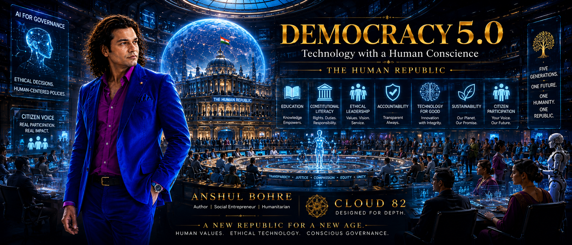 What If Politics Put Humanity First? 🌍 Five generations. One planet. One future. What if governance were redesigned around competence, integrity, accountability, compassion and human dignity? Discover The Human Republic—a vision for humanitarian governance by Anshul Bohre. #HumanitarianGovernance #FutureOfDemocracy #HumanityFirst #Cloud82 #AnshulBohre