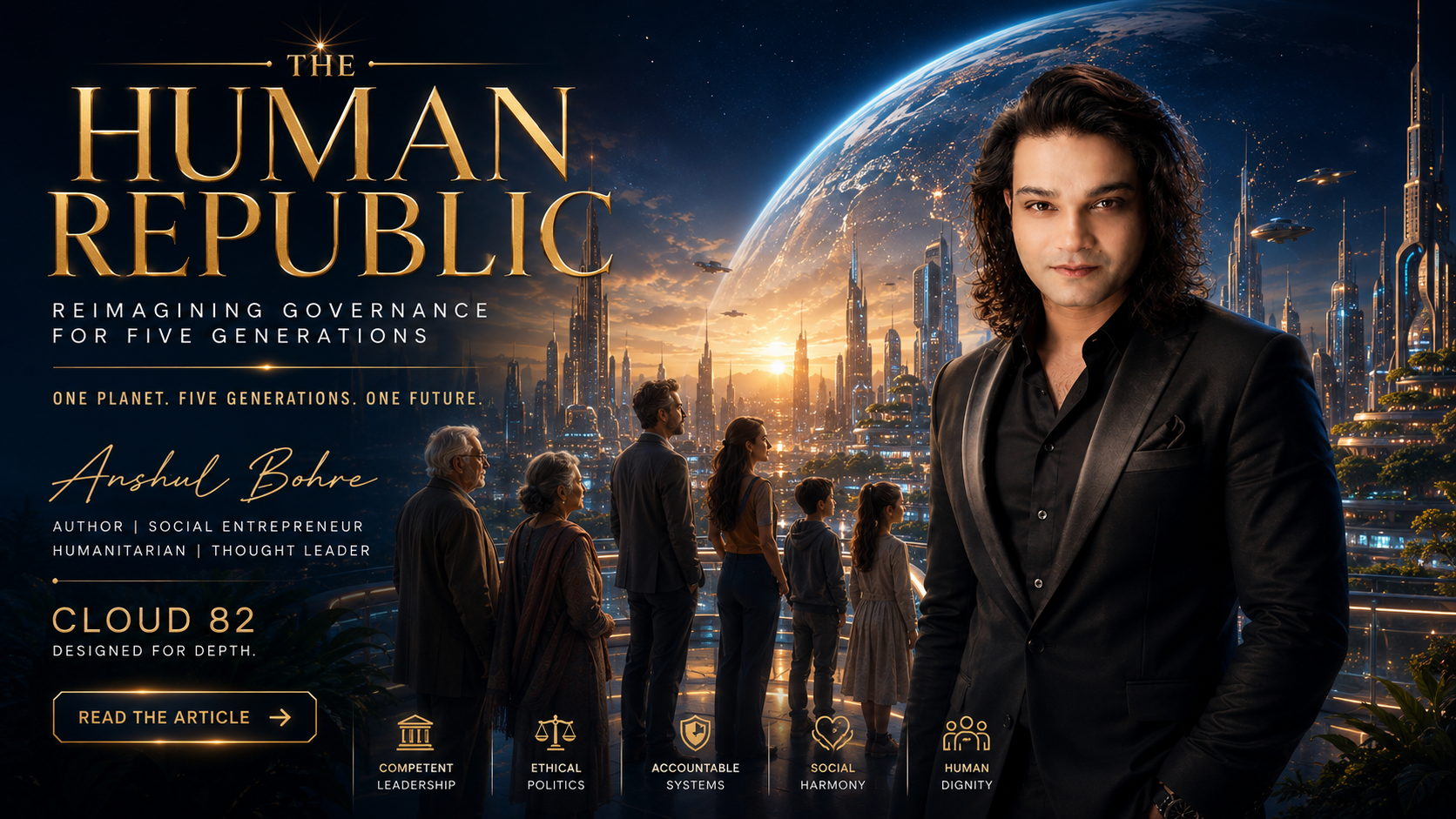 What If Politics Put Humanity First? 🌍 Five generations. One planet. One future. What if governance were redesigned around competence, integrity, accountability, compassion and human dignity? Discover The Human Republic—a vision for humanitarian governance by Anshul Bohre. #HumanitarianGovernance #FutureOfDemocracy #HumanityFirst #Cloud82 #AnshulBohre