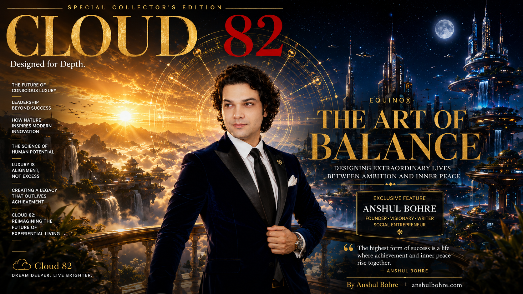 What if the greatest achievement isn't success alone—but the harmony between success and inner peace? Equinox: The Art of Balance by Anshul Bohre explores a vision of conscious leadership, human potential, innovation, luxury, and purposeful living. Through cinematic storytelling and premium visual design, Cloud 82 presents a philosophy where ambition and serenity rise together. Whether you're an entrepreneur, creator, leader, or dreamer, this short offers inspiration to design a life of purpose, resilience, and balance. 🌥️ Cloud 82 Designed for Depth. Dream Deeper. Live Brighter. Visit: anshulbohre.com