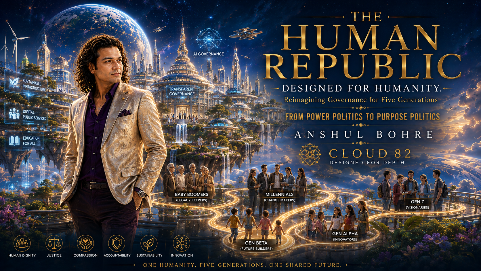 What If Politics Put Humanity First? 🌍 Five generations. One planet. One future. What if governance were redesigned around competence, integrity, accountability, compassion and human dignity? Discover The Human Republic—a vision for humanitarian governance by Anshul Bohre. #HumanitarianGovernance #FutureOfDemocracy #HumanityFirst #Cloud82 #AnshulBohre