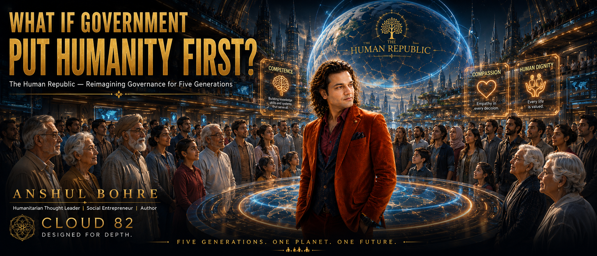 What If Politics Put Humanity First? 🌍 Five generations. One planet. One future. What if governance were redesigned around competence, integrity, accountability, compassion and human dignity? Discover The Human Republic—a vision for humanitarian governance by Anshul Bohre. #HumanitarianGovernance #FutureOfDemocracy #HumanityFirst #Cloud82 #AnshulBohre