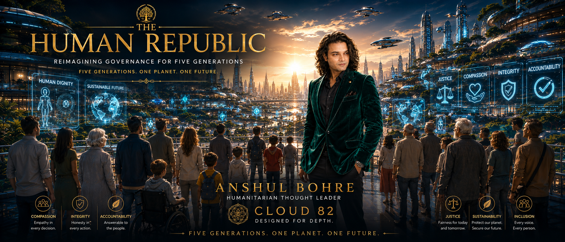 What If Politics Put Humanity First? 🌍 Five generations. One planet. One future. What if governance were redesigned around competence, integrity, accountability, compassion and human dignity? Discover The Human Republic—a vision for humanitarian governance by Anshul Bohre. #HumanitarianGovernance #FutureOfDemocracy #HumanityFirst #Cloud82 #AnshulBohre