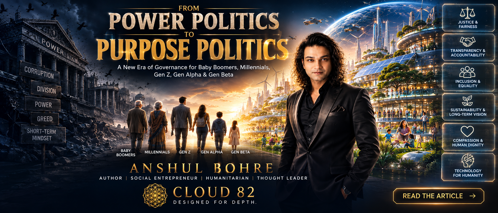What If Politics Put Humanity First? 🌍 Five generations. One planet. One future. What if governance were redesigned around competence, integrity, accountability, compassion and human dignity? Discover The Human Republic—a vision for humanitarian governance by Anshul Bohre. #HumanitarianGovernance #FutureOfDemocracy #HumanityFirst #Cloud82 #AnshulBohre