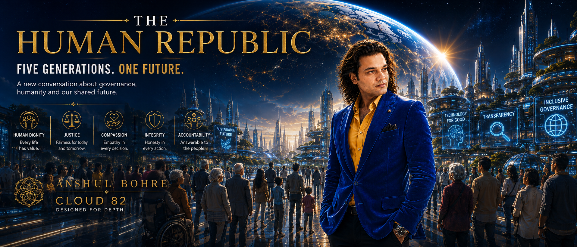 What If Politics Put Humanity First? 🌍 Five generations. One planet. One future. What if governance were redesigned around competence, integrity, accountability, compassion and human dignity? Discover The Human Republic—a vision for humanitarian governance by Anshul Bohre. #HumanitarianGovernance #FutureOfDemocracy #HumanityFirst #Cloud82 #AnshulBohre