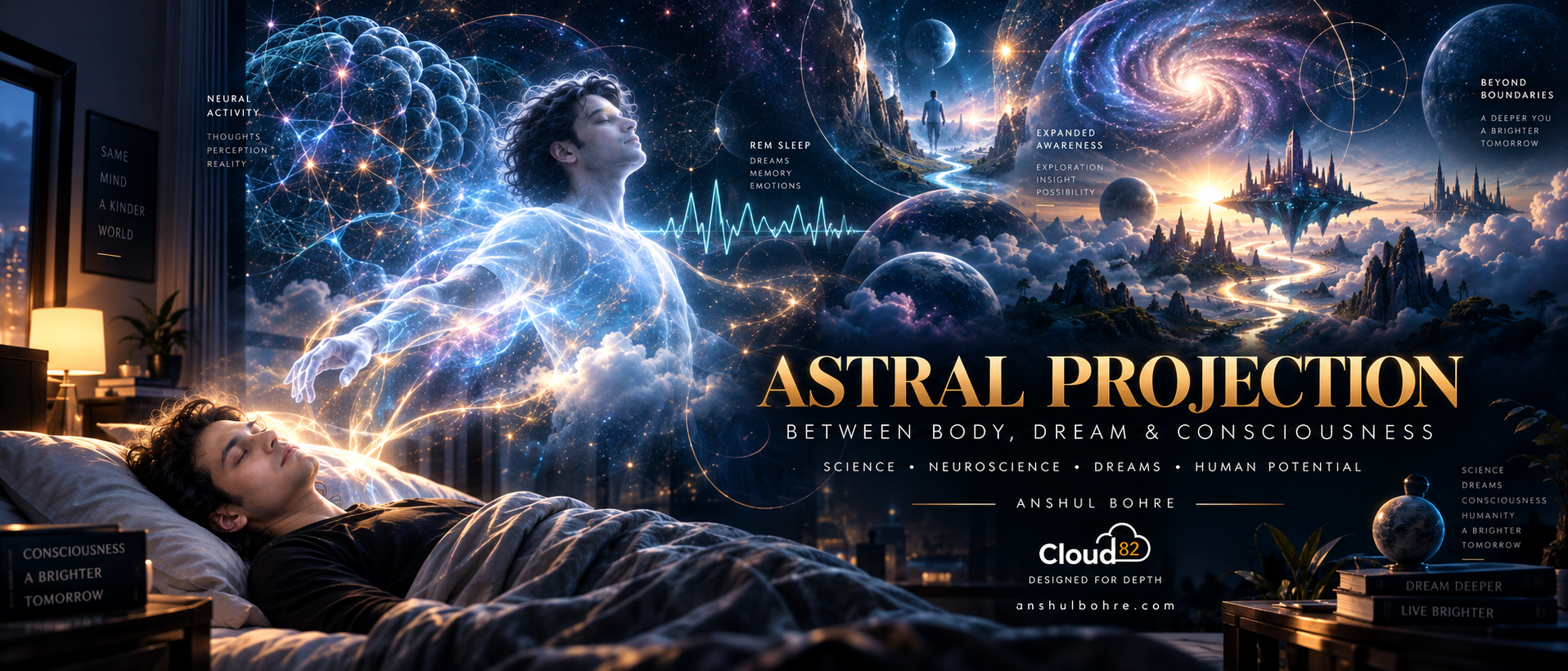 THE BODY IS STILL.
THE MIND IS SOMEWHERE ELSE.
Is it astral travel?
A lucid dream?
An out-of-body experience?
Or the brain temporarily reconstructing the location of the self?
Modern neuroscience is beginning to investigate these extraordinary states through REM sleep, lucid dreaming, sleep paralysis, multisensory integration and the neural architecture of self-location.
The mystery remains.
And perhaps that is the point.
Don't choose between wonder and evidence. Explore both.
Cloud 82 | Designed for Depth
Anshul Bohre
anshulbohre.com 
#AstralProjection #Consciousness #LucidDreaming #OutOfBodyExperience #Neuroscience #AstralTravel #Dreams #Cloud82 #AnshulBohre #DesignedForDepth
