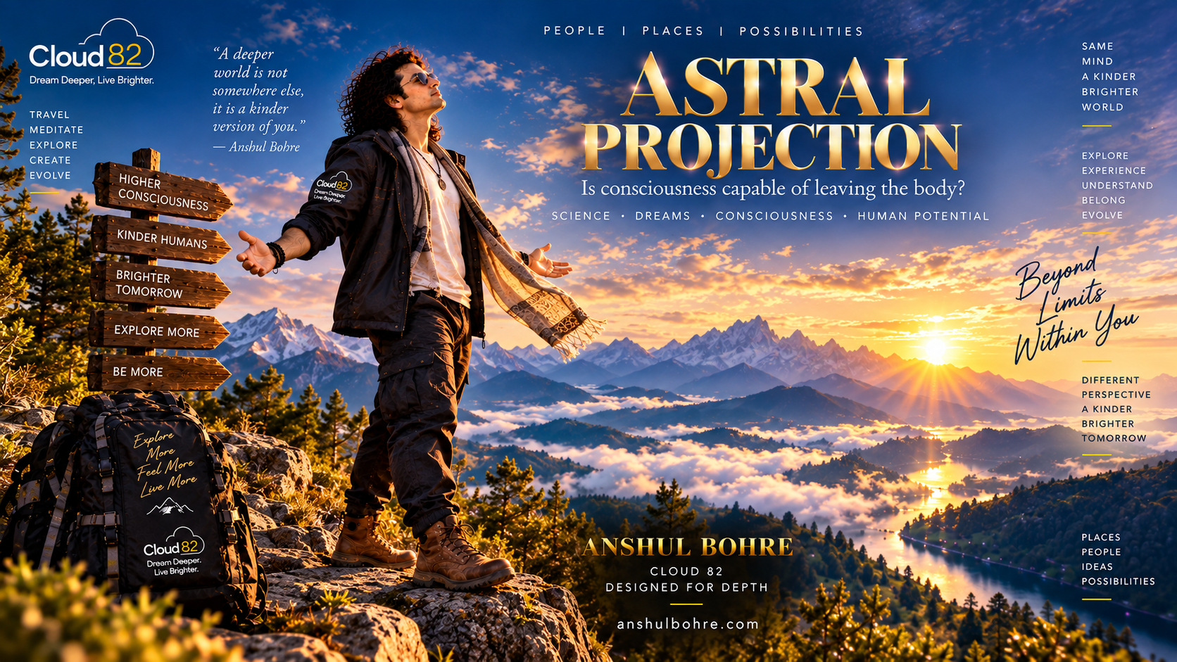 ASTRAL PROJECTION — WHERE DOES CONSCIOUSNESS GO WHEN THE BODY STAYS STILL? A vibration. A sensation of floating. The feeling of rising above the body. A room that suddenly looks different. And then a question: Was I dreaming—or was I somewhere else? Astral projection, astral travel and out-of-body experiences have fascinated humanity for centuries. But modern neuroscience offers another fascinating possibility. Our sense of being inside the body is not as simple as it feels. The brain continuously integrates vision, touch, proprioception, vestibular information, memory and prediction to construct our experience of: "I am here." When that system changes, the experience of self-location can change with it. Research has connected out-of-body experiences with the temporoparietal junction, multisensory integration, REM sleep, lucid dreaming, sleep paralysis and altered bodily perception. Recent research is continuing to investigate these experiences using EEG, sleep studies and neurophenomenology. But science has not established the existence of an independently travelling "astral body." And perhaps that distinction makes the subject even more fascinating. Because the mystery isn't only: "Can consciousness leave the body?" It is also: "How does consciousness construct the experience of being somewhere at all?" At Cloud 82, we don't believe wonder and evidence have to be opposites. Explore deeply. Question deeply. Dream deeply. Cloud 82 — Designed for Depth. — Anshul Bohre anshulbohre.com #AstralProjection #AstralTravel #OutOfBodyExperience #LucidDreaming #Consciousness #Neuroscience #Dreams #SleepParalysis #AlteredStates #Meditation #Psychology #AstralBody #AstralVision #Cloud82 #AnshulBohre #DesignedForDepth