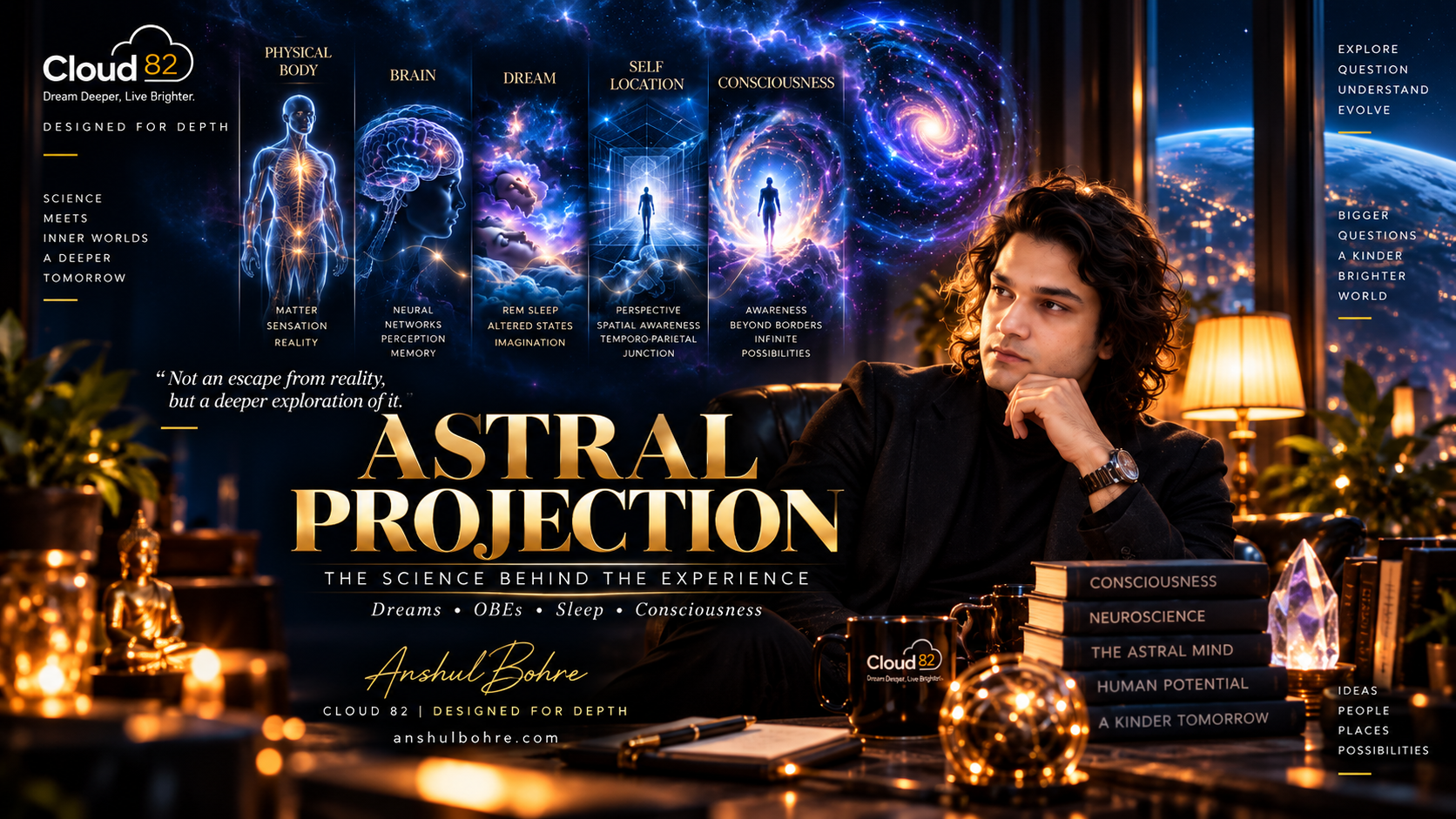 ASTRAL PROJECTION — WHERE DOES CONSCIOUSNESS GO WHEN THE BODY STAYS STILL? A vibration. A sensation of floating. The feeling of rising above the body. A room that suddenly looks different. And then a question: Was I dreaming—or was I somewhere else? Astral projection, astral travel and out-of-body experiences have fascinated humanity for centuries. But modern neuroscience offers another fascinating possibility. Our sense of being inside the body is not as simple as it feels. The brain continuously integrates vision, touch, proprioception, vestibular information, memory and prediction to construct our experience of: "I am here." When that system changes, the experience of self-location can change with it. Research has connected out-of-body experiences with the temporoparietal junction, multisensory integration, REM sleep, lucid dreaming, sleep paralysis and altered bodily perception. Recent research is continuing to investigate these experiences using EEG, sleep studies and neurophenomenology. But science has not established the existence of an independently travelling "astral body." And perhaps that distinction makes the subject even more fascinating. Because the mystery isn't only: "Can consciousness leave the body?" It is also: "How does consciousness construct the experience of being somewhere at all?" At Cloud 82, we don't believe wonder and evidence have to be opposites. Explore deeply. Question deeply. Dream deeply. Cloud 82 — Designed for Depth. — Anshul Bohre anshulbohre.com #AstralProjection #AstralTravel #OutOfBodyExperience #LucidDreaming #Consciousness #Neuroscience #Dreams #SleepParalysis #AlteredStates #Meditation #Psychology #AstralBody #AstralVision #Cloud82 #AnshulBohre #DesignedForDepth