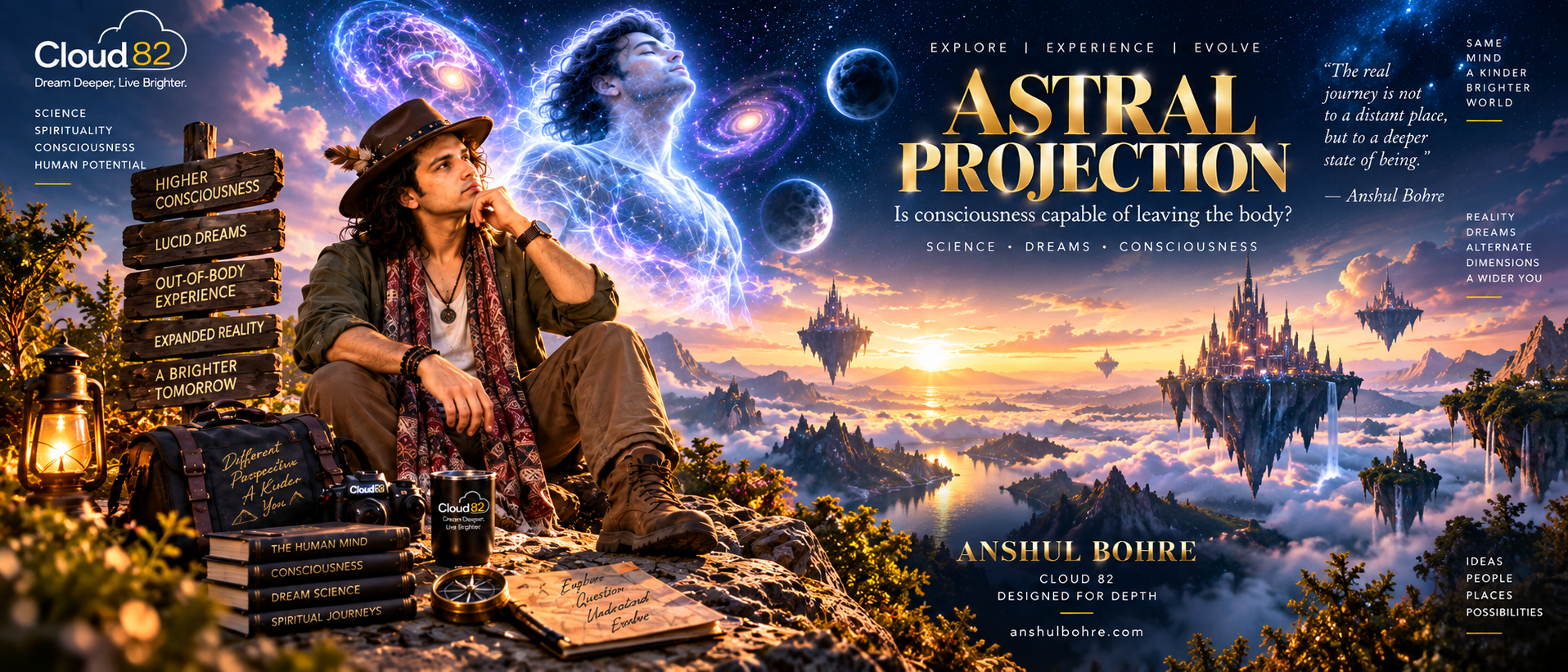 ASTRAL PROJECTION — WHERE DOES CONSCIOUSNESS GO WHEN THE BODY STAYS STILL? A vibration. A sensation of floating. The feeling of rising above the body. A room that suddenly looks different. And then a question: Was I dreaming—or was I somewhere else? Astral projection, astral travel and out-of-body experiences have fascinated humanity for centuries. But modern neuroscience offers another fascinating possibility. Our sense of being inside the body is not as simple as it feels. The brain continuously integrates vision, touch, proprioception, vestibular information, memory and prediction to construct our experience of: "I am here." When that system changes, the experience of self-location can change with it. Research has connected out-of-body experiences with the temporoparietal junction, multisensory integration, REM sleep, lucid dreaming, sleep paralysis and altered bodily perception. Recent research is continuing to investigate these experiences using EEG, sleep studies and neurophenomenology. But science has not established the existence of an independently travelling "astral body." And perhaps that distinction makes the subject even more fascinating. Because the mystery isn't only: "Can consciousness leave the body?" It is also: "How does consciousness construct the experience of being somewhere at all?" At Cloud 82, we don't believe wonder and evidence have to be opposites. Explore deeply. Question deeply. Dream deeply. Cloud 82 — Designed for Depth. — Anshul Bohre anshulbohre.com #AstralProjection #AstralTravel #OutOfBodyExperience #LucidDreaming #Consciousness #Neuroscience #Dreams #SleepParalysis #AlteredStates #Meditation #Psychology #AstralBody #AstralVision #Cloud82 #AnshulBohre #DesignedForDepth